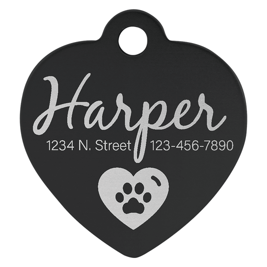 Black 1" x 1" Laserable Anodized Aluminum Heart Pet Tag