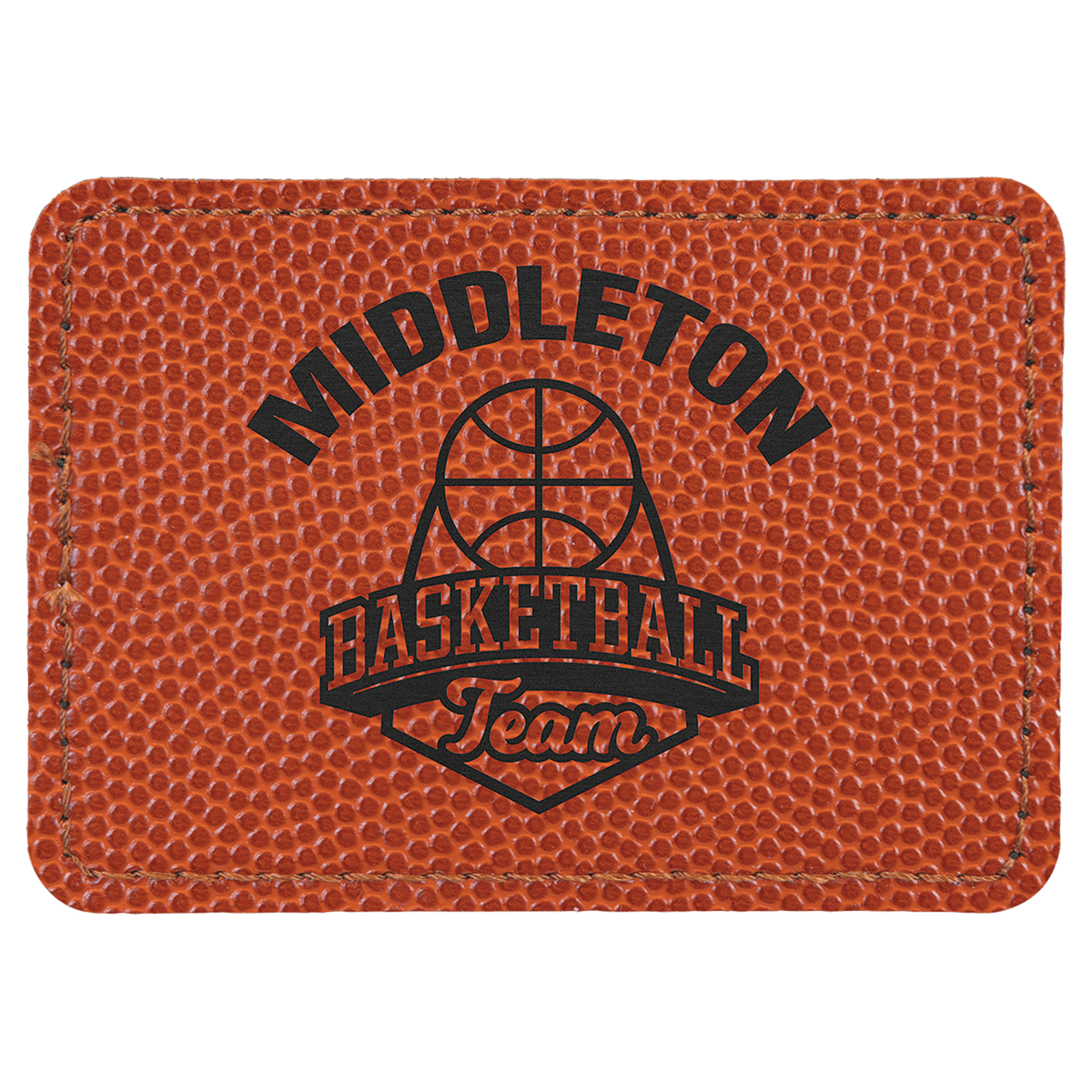 Basketball 3 1/2" x 2 1/2" Rectangle Laserable Leatherette Patch with Adhesive