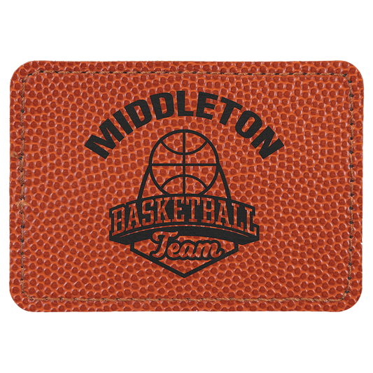 Basketball 3 1/2" x 2 1/2" Rectangle Laserable Leatherette Patch with Adhesive