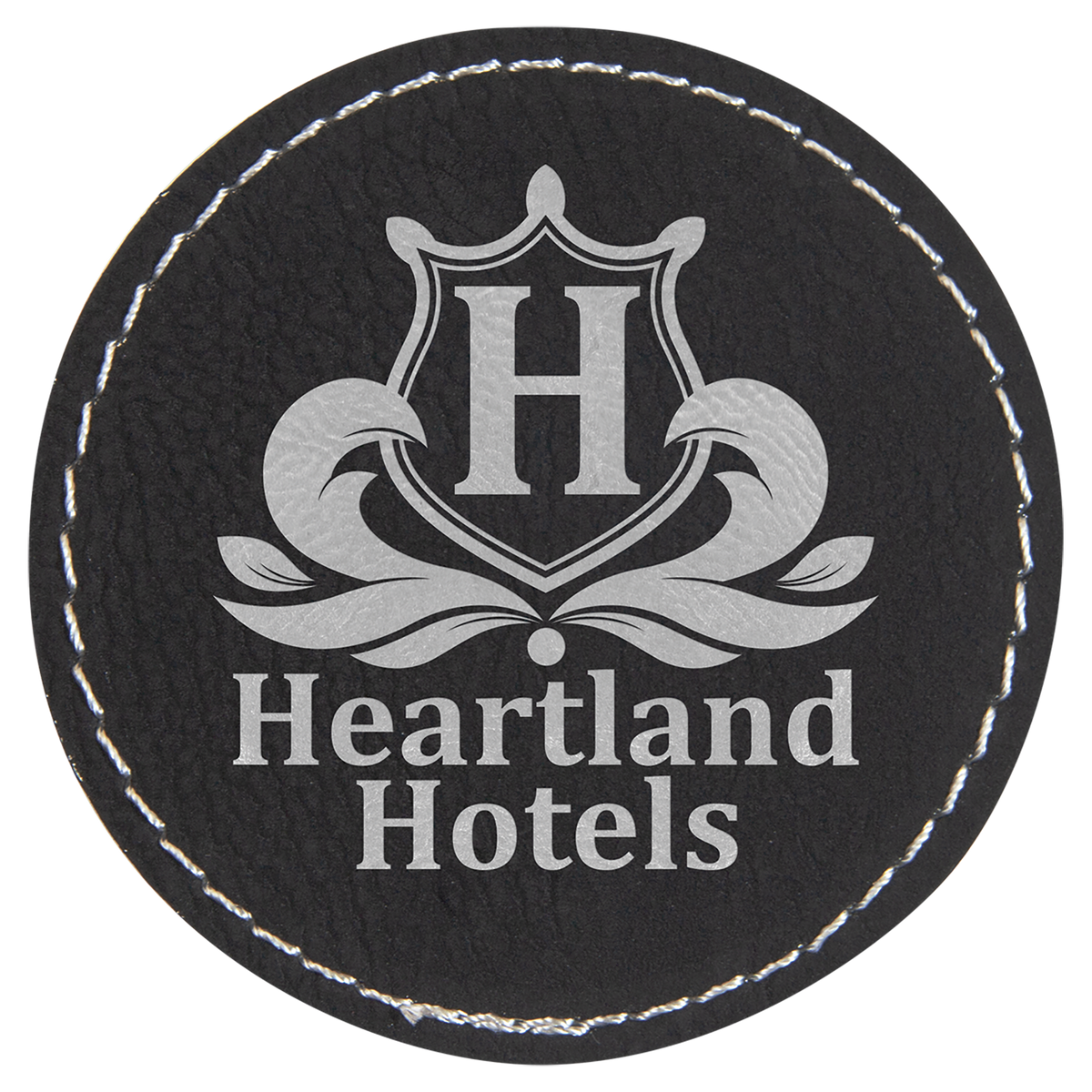 Black/Silver 2 1/2" Round Laserable Leatherette Patch with Adhesive