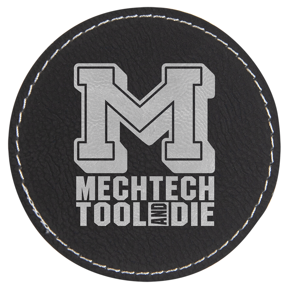 Black/Silver 3" Round Laserable Leatherette Patch with Adhesive