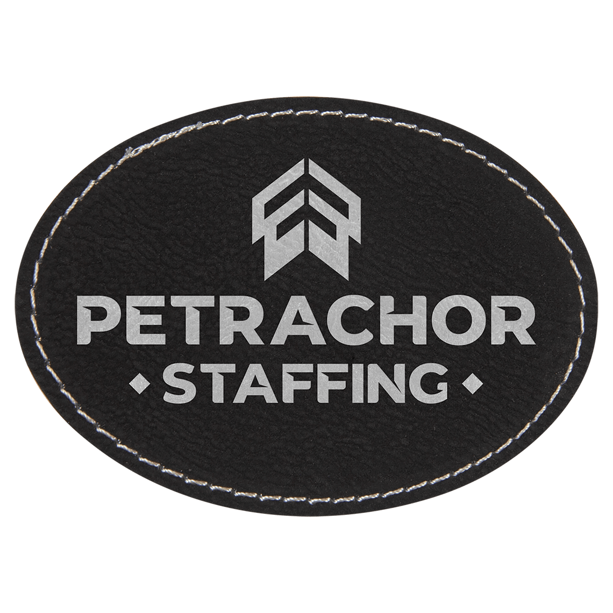 Black/Silver 3 1/2" x 2 1/2" Laserable Leatherette Oval Patch with Adhesive