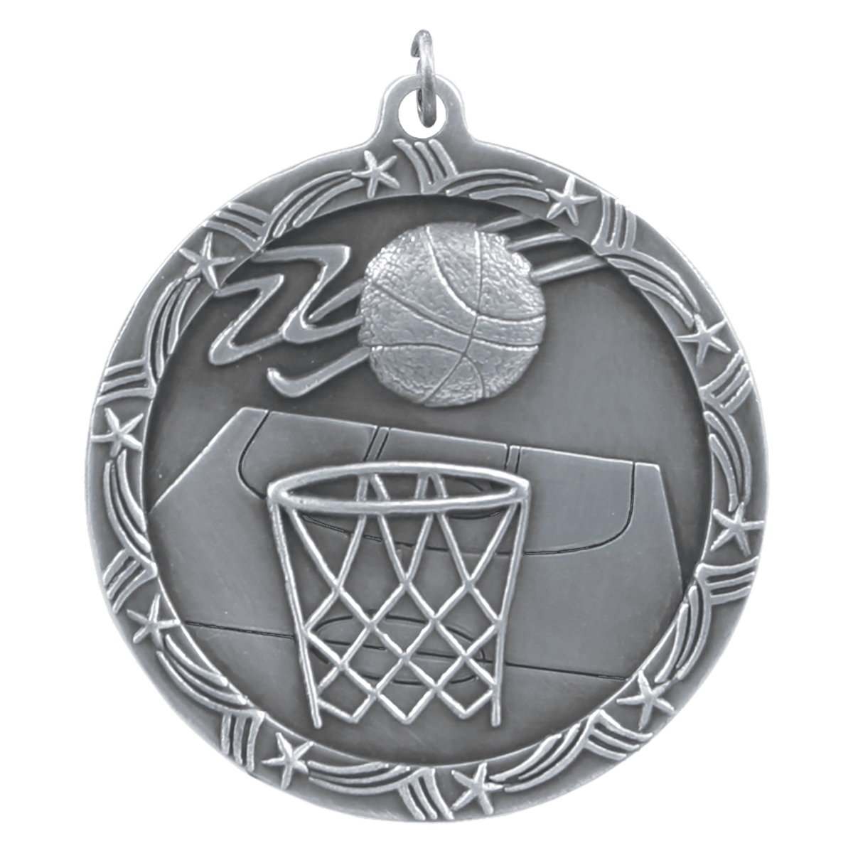 Antique Silver 2 1/2" Basketball Shooting Star Medal