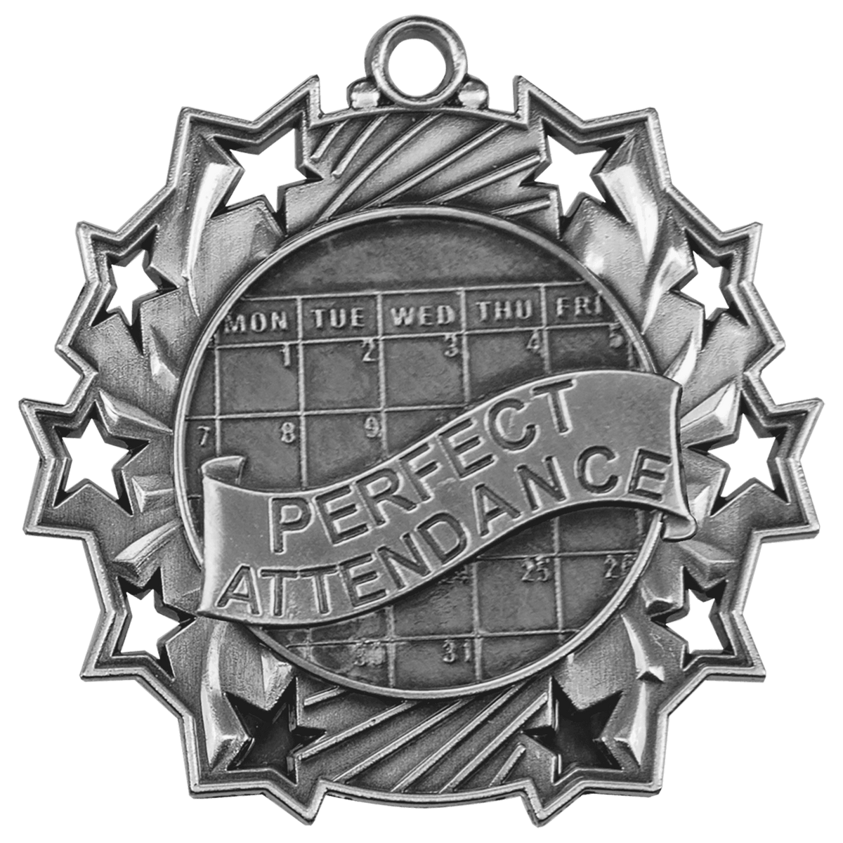 Antique Silver 2 1/4" Perfect Attendance Ten Star Medal